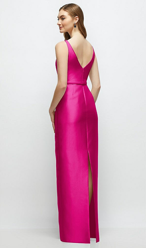 Back View - Think Pink Bateau Neck Satin Column Dress with Bow-Trimmed Skinny Belt