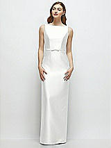 Front View Thumbnail - White Bateau Neck Satin Column Dress with Bow-Trimmed Skinny Belt