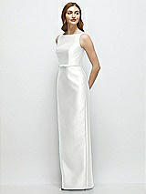 Side View Thumbnail - White Bateau Neck Satin Column Dress with Bow-Trimmed Skinny Belt