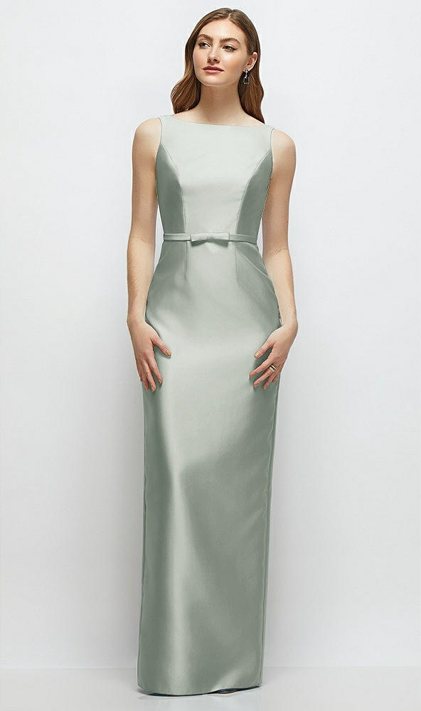 Front View - Willow Green Bateau Neck Satin Column Dress with Bow-Trimmed Skinny Belt