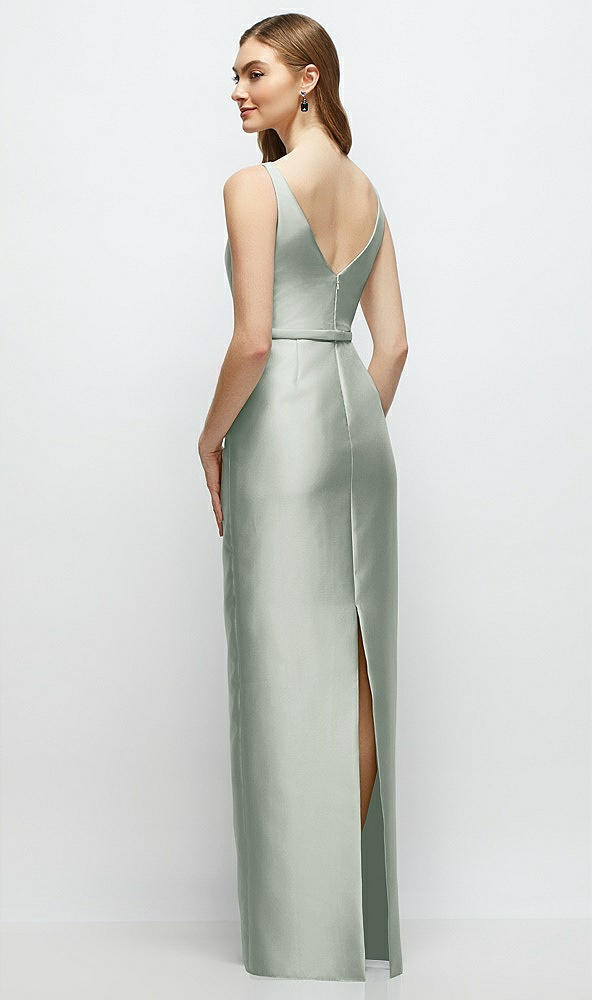 Back View - Willow Green Bateau Neck Satin Column Dress with Bow-Trimmed Skinny Belt