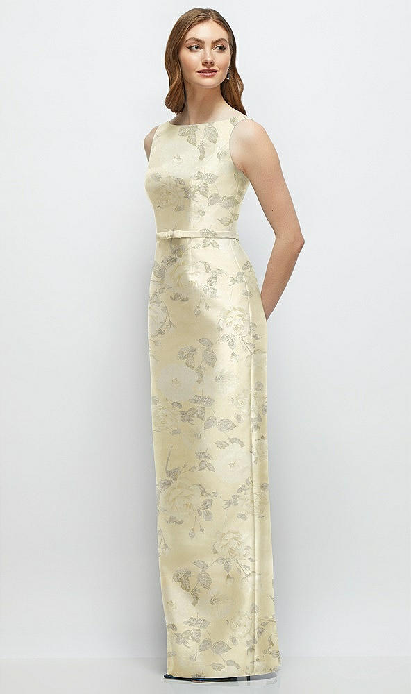 Front View - Butter Yellow Floral Floral Bateau Neck Satin Column Dress with Bow-Trimmed Skinny Belt