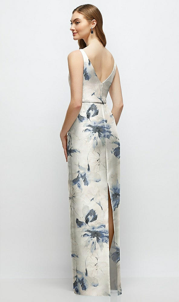 Back View - Inkwash Blue Floral Floral Bateau Neck Satin Column Dress with Bow-Trimmed Skinny Belt