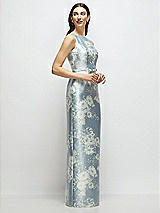 Front View Thumbnail - Porcelain Blue Seraphina Floral Floral Bateau Neck Satin Column Dress with Bow-Trimmed Skinny Belt