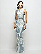 Side View Thumbnail - Porcelain Blue Seraphina Floral Floral Bateau Neck Satin Column Dress with Bow-Trimmed Skinny Belt