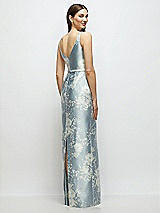 Rear View Thumbnail - Porcelain Blue Seraphina Floral Floral Bateau Neck Satin Column Dress with Bow-Trimmed Skinny Belt