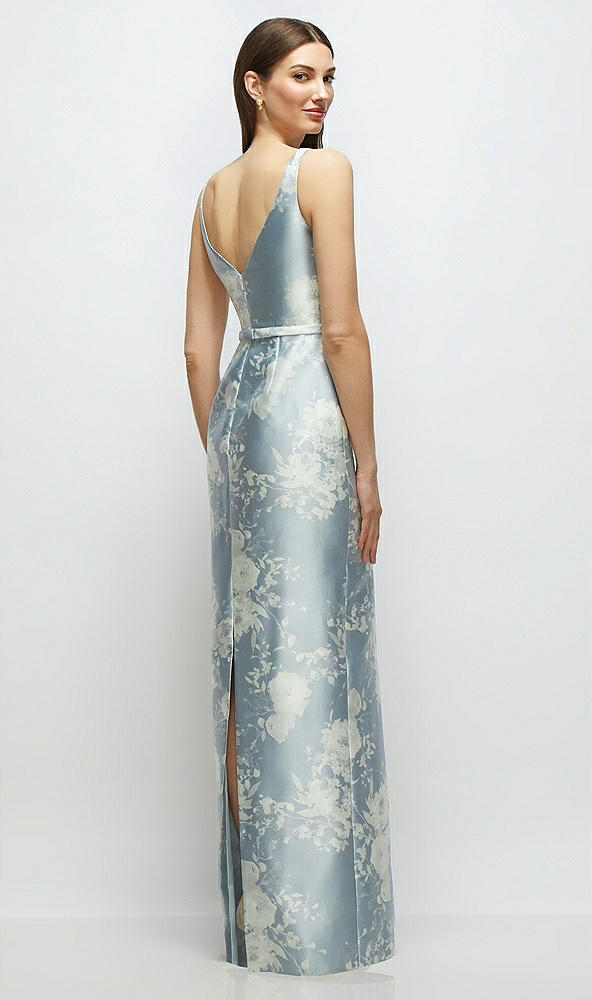 Back View - Porcelain Blue Seraphina Floral Floral Bateau Neck Satin Column Dress with Bow-Trimmed Skinny Belt