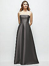 Front View Thumbnail - Caviar Gray Strapless Satin Gown with Full Skirt and Covered Buttons at Back