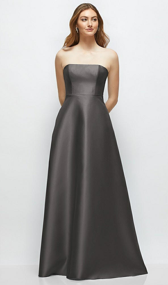 Front View - Caviar Gray Strapless Satin Gown with Full Skirt and Covered Buttons at Back
