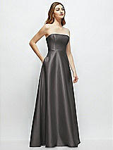 Side View Thumbnail - Caviar Gray Strapless Satin Gown with Full Skirt and Covered Buttons at Back