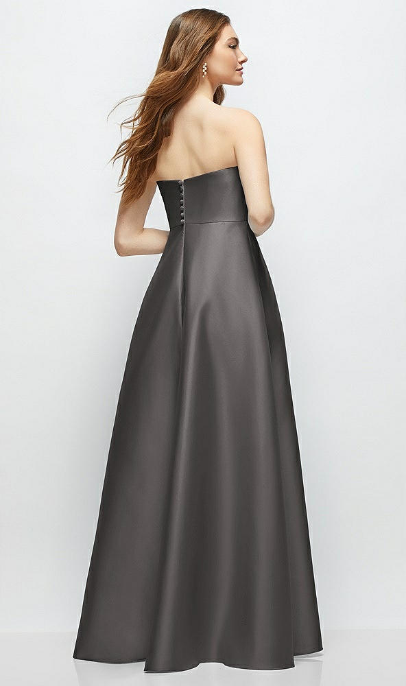 Back View - Caviar Gray Strapless Satin Gown with Full Skirt and Covered Buttons at Back