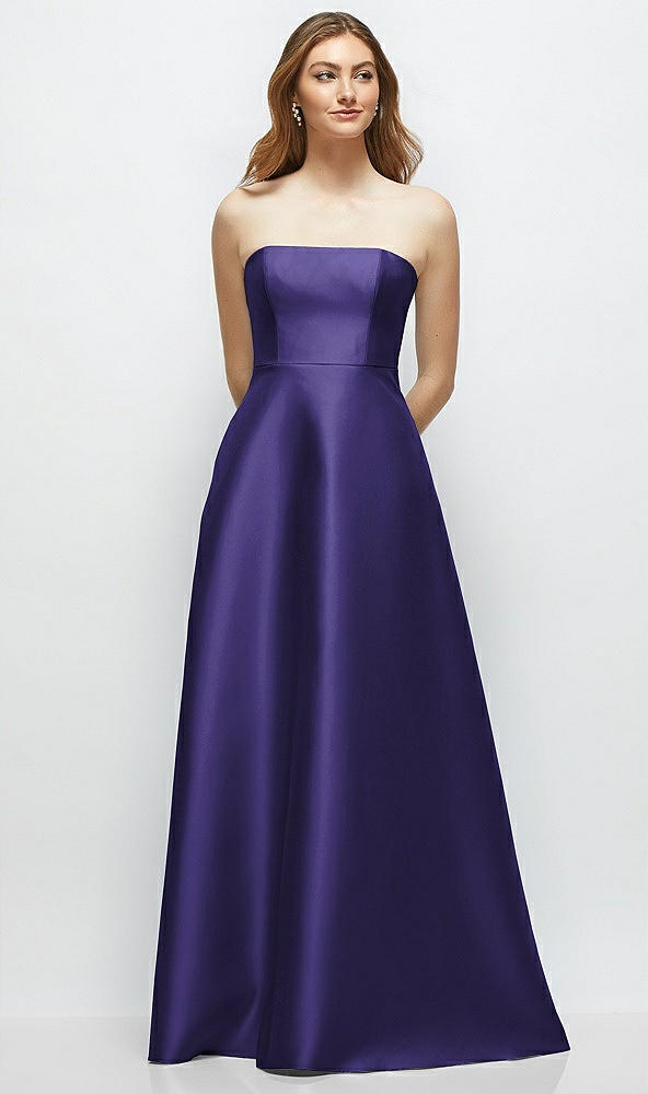 Front View - Grape Strapless Satin Gown with Full Skirt and Covered Buttons at Back