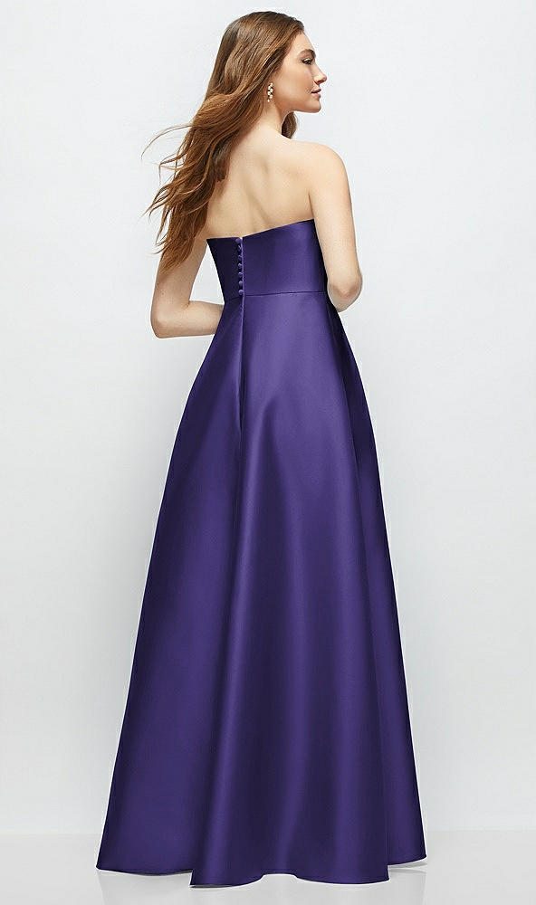 Back View - Grape Strapless Satin Gown with Full Skirt and Covered Buttons at Back