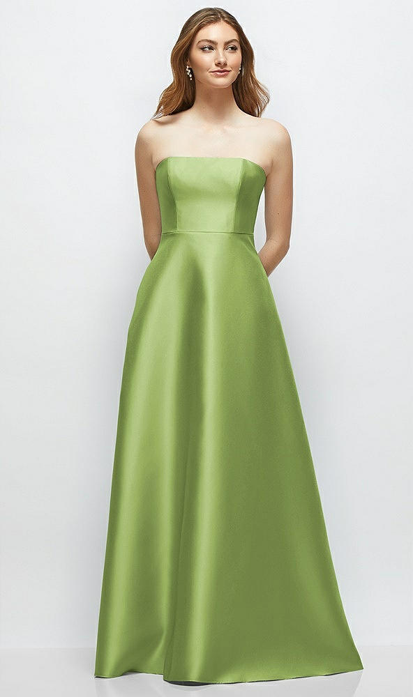 Front View - Mojito Strapless Satin Gown with Full Skirt and Covered Buttons at Back