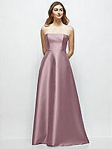 Front View Thumbnail - Dusty Rose Strapless Satin Gown with Full Skirt and Covered Buttons at Back
