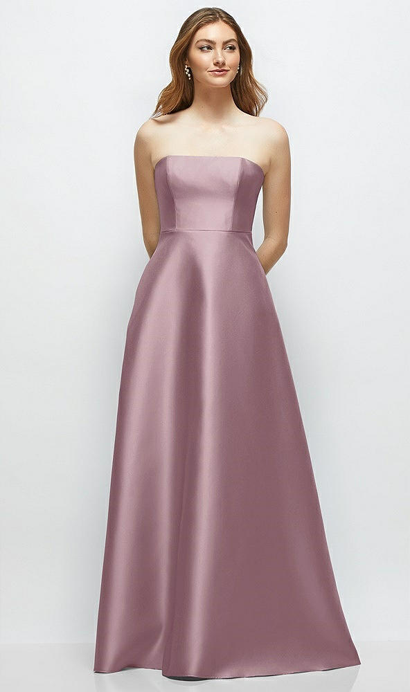 Front View - Dusty Rose Strapless Satin Gown with Full Skirt and Covered Buttons at Back
