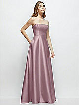Side View Thumbnail - Dusty Rose Strapless Satin Gown with Full Skirt and Covered Buttons at Back