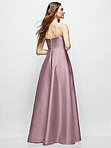 Rear View Thumbnail - Dusty Rose Strapless Satin Gown with Full Skirt and Covered Buttons at Back