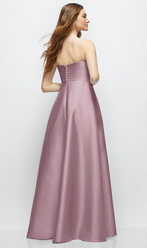 Back View - Dusty Rose Strapless Satin Gown with Full Skirt and Covered Buttons at Back