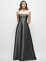 Front View Thumbnail - Gunmetal Strapless Satin Gown with Full Skirt and Covered Buttons at Back