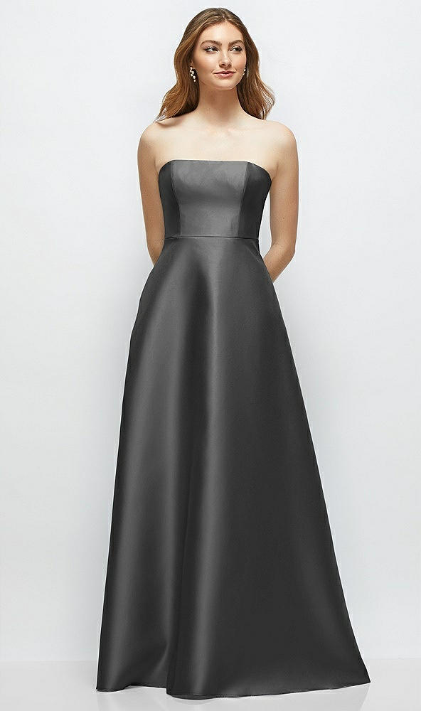 Front View - Gunmetal Strapless Satin Gown with Full Skirt and Covered Buttons at Back
