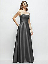 Side View Thumbnail - Gunmetal Strapless Satin Gown with Full Skirt and Covered Buttons at Back