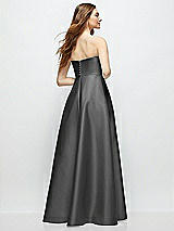 Rear View Thumbnail - Gunmetal Strapless Satin Gown with Full Skirt and Covered Buttons at Back