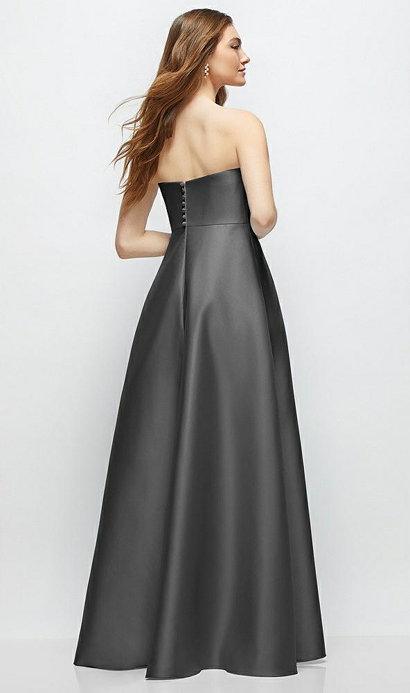 Back View - Gunmetal Strapless Satin Gown with Full Skirt and Covered Buttons at Back