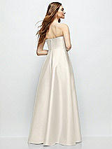 Rear View Thumbnail - Ivory Strapless Satin Gown with Full Skirt and Covered Buttons at Back