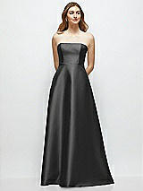 Front View Thumbnail - Pewter Strapless Satin Gown with Full Skirt and Covered Buttons at Back