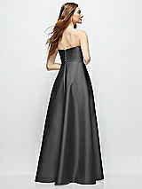Rear View Thumbnail - Pewter Strapless Satin Gown with Full Skirt and Covered Buttons at Back