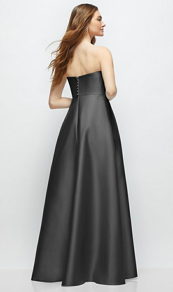Back View - Pewter Strapless Satin Gown with Full Skirt and Covered Buttons at Back