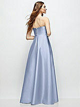 Rear View Thumbnail - Sky Blue Strapless Satin Gown with Full Skirt and Covered Buttons at Back