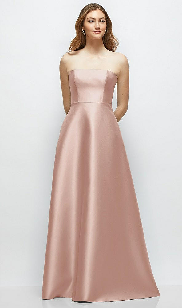 Front View - Toasted Sugar Strapless Satin Gown with Full Skirt and Covered Buttons at Back