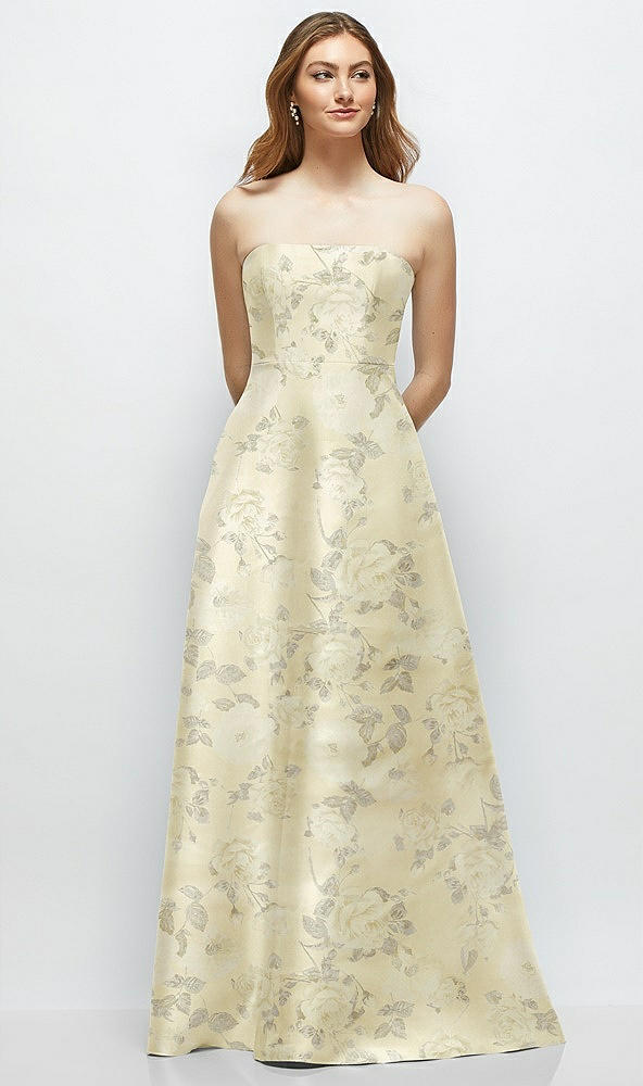 Front View - Butter Yellow Floral Strapless Floral Satin Gown with Full Skirt and Covered Buttons at Back