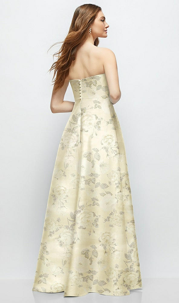 Back View - Butter Yellow Floral Strapless Floral Satin Gown with Full Skirt and Covered Buttons at Back