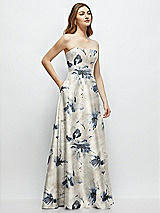 Side View Thumbnail - Inkwash Blue Floral Strapless Floral Satin Gown with Full Skirt and Covered Buttons at Back