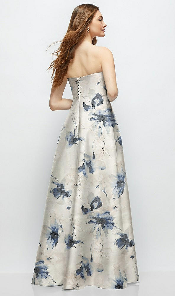 Back View - Inkwash Blue Floral Strapless Floral Satin Gown with Full Skirt and Covered Buttons at Back