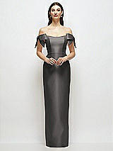 Front View Thumbnail - Caviar Gray Basque-Neck Satin Column Maxi Dress with Off-the-Shoulder Bows