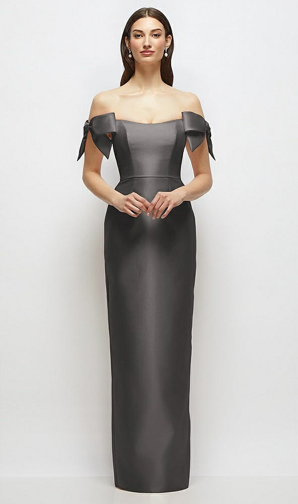 Front View - Caviar Gray Basque-Neck Satin Column Maxi Dress with Off-the-Shoulder Bows