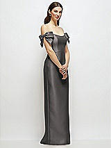 Side View Thumbnail - Caviar Gray Basque-Neck Satin Column Maxi Dress with Off-the-Shoulder Bows