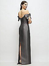 Rear View Thumbnail - Caviar Gray Basque-Neck Satin Column Maxi Dress with Off-the-Shoulder Bows