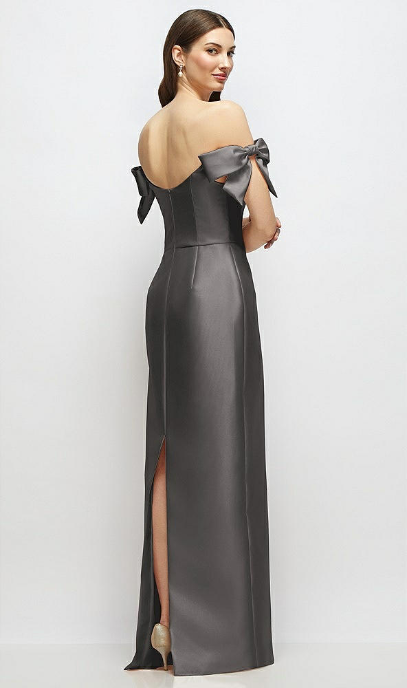 Back View - Caviar Gray Basque-Neck Satin Column Maxi Dress with Off-the-Shoulder Bows