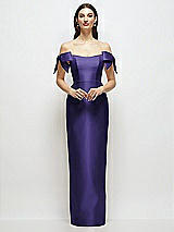 Front View Thumbnail - Grape Basque-Neck Satin Column Maxi Dress with Off-the-Shoulder Bows