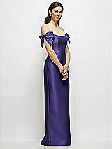 Side View Thumbnail - Grape Basque-Neck Satin Column Maxi Dress with Off-the-Shoulder Bows