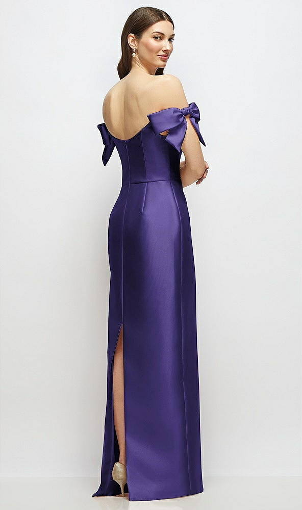 Back View - Grape Basque-Neck Satin Column Maxi Dress with Off-the-Shoulder Bows