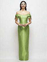 Front View Thumbnail - Mojito Basque-Neck Satin Column Maxi Dress with Off-the-Shoulder Bows
