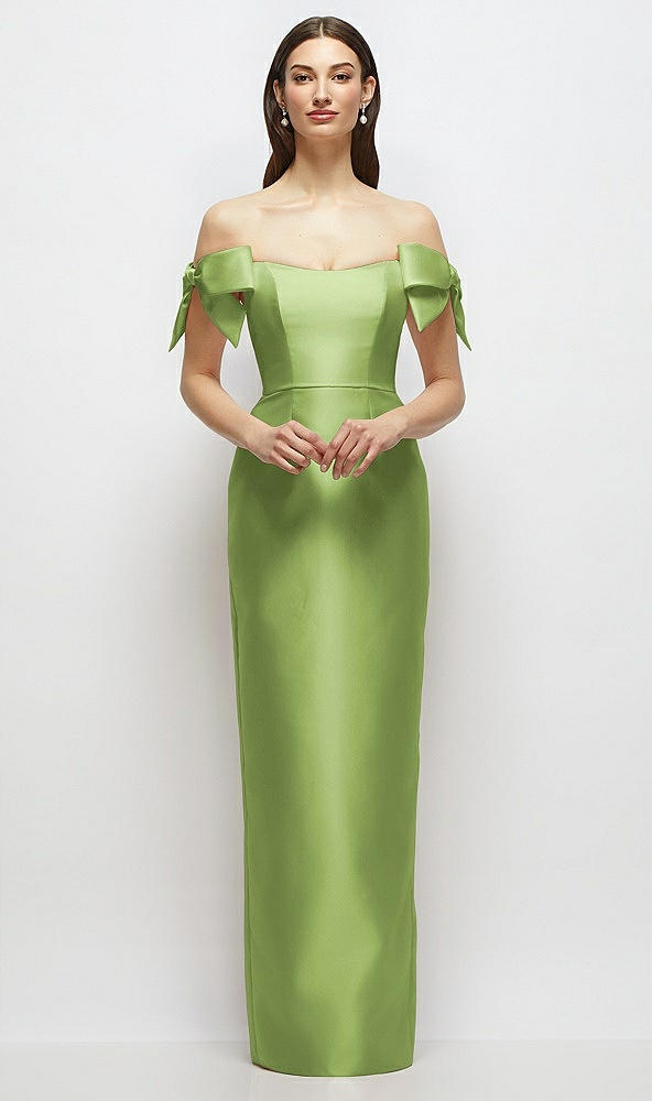Front View - Mojito Basque-Neck Satin Column Maxi Dress with Off-the-Shoulder Bows