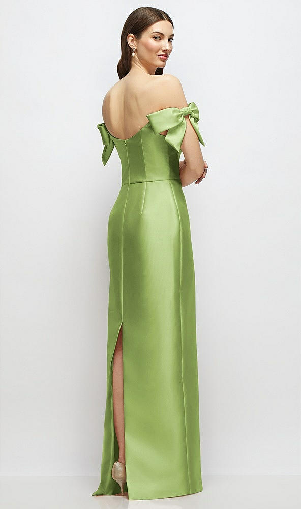 Back View - Mojito Basque-Neck Satin Column Maxi Dress with Off-the-Shoulder Bows