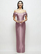 Front View Thumbnail - Dusty Rose Basque-Neck Satin Column Maxi Dress with Off-the-Shoulder Bows